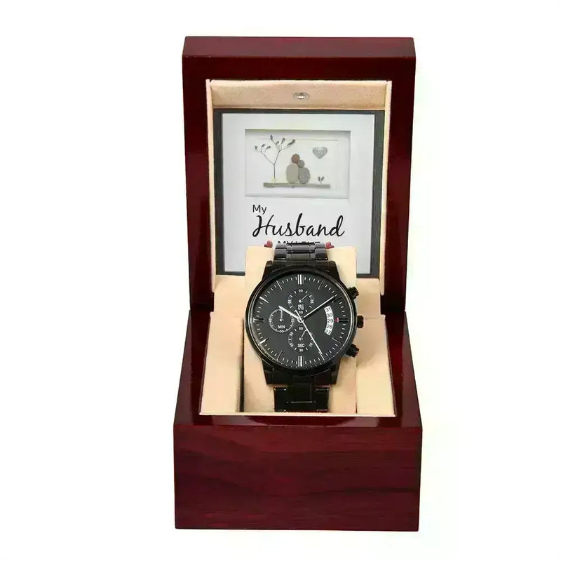 ShineOn Fulfillment Jewelry Mahogany Style Luxury Box My Husband My Love - Black Chronograph Watch